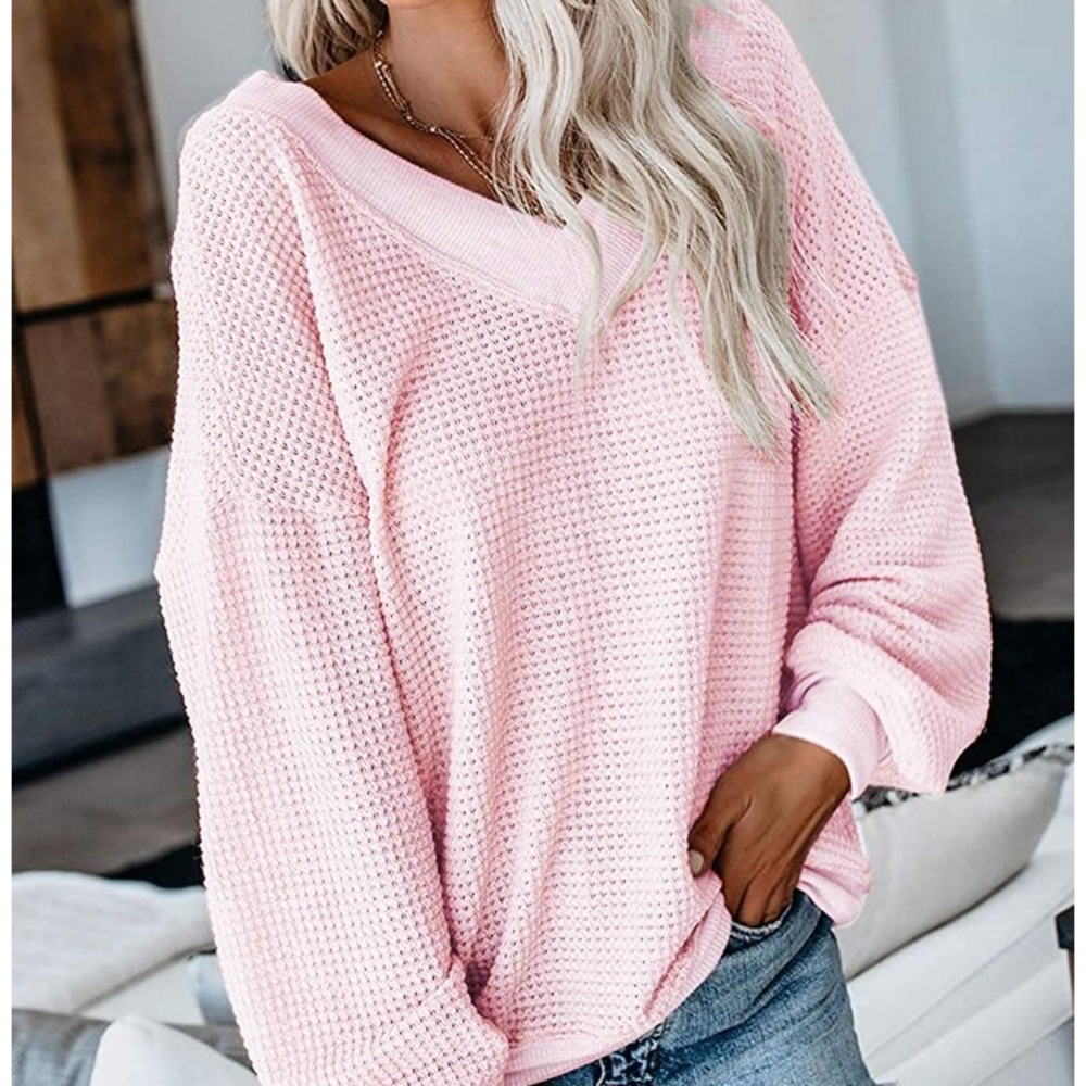 ♥️ XXL Off Shoulder Batwing Sleeve Waffle Knit Top - Picture 2 of 4